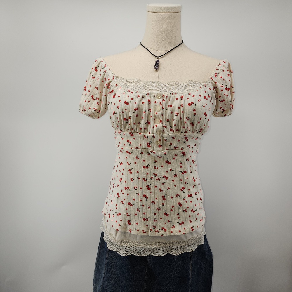Heart & Hips Cream‎ Red Cherry Print Pointelle Milkmaid Puff Sleeve Top Large
